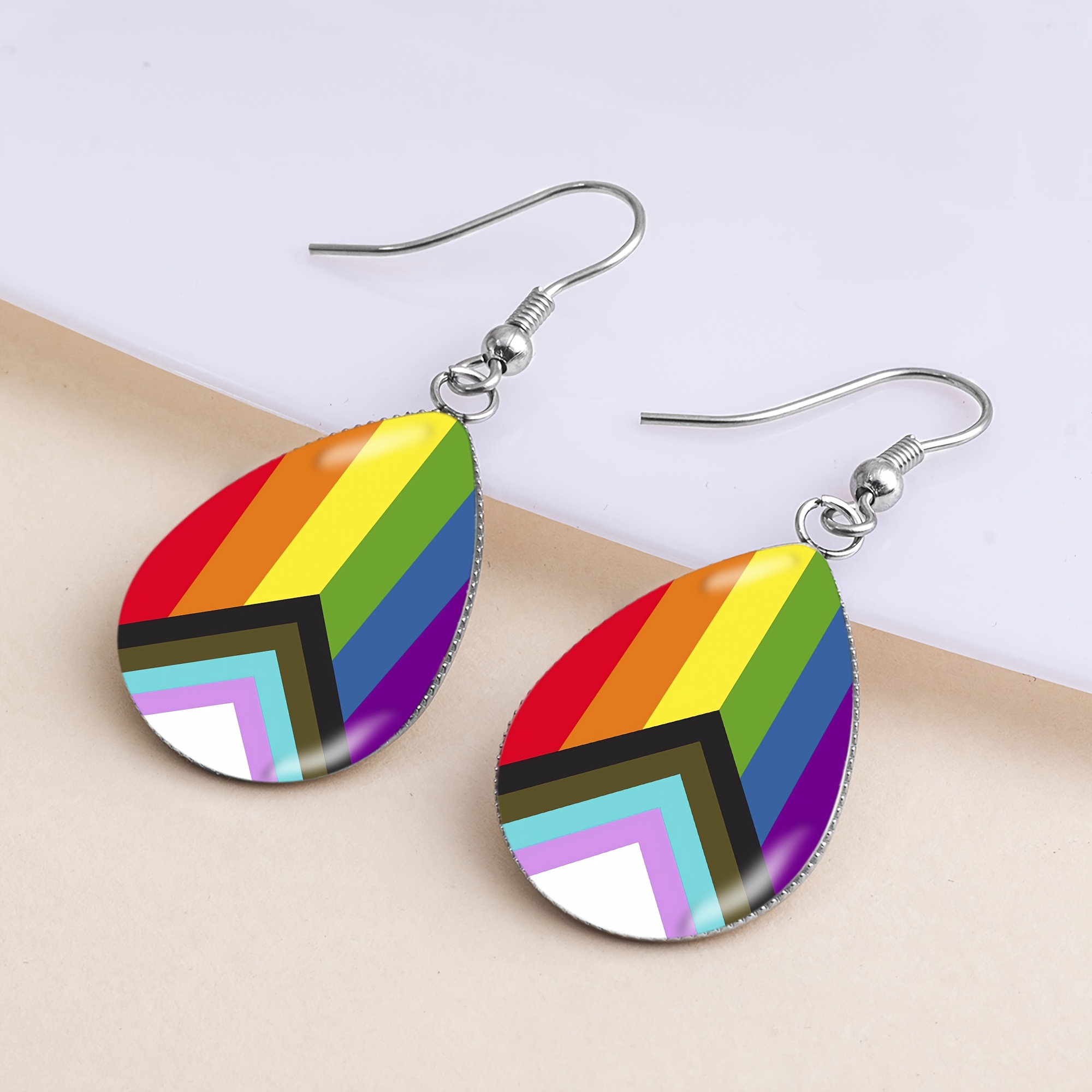 Colorful Patchwork Teardrop Earrings with Convex Glass